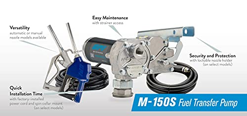 GPI M-150S Fuel Transfer Pump, Automatic Shut-Off Nozzle, 15 GPM Fuel Pump, 12' Hose, Power Cord, Spin Collar, Adjustable Suction Pipe (110000-100)