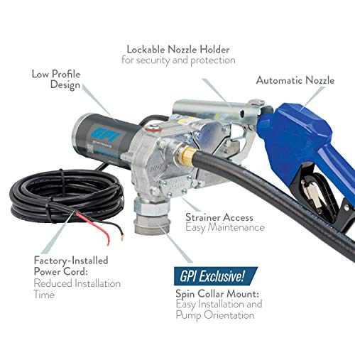 GPI M-150S Fuel Transfer Pump, Automatic Shut-Off Nozzle, 15 GPM Fuel Pump, 12' Hose, Power Cord, Spin Collar, Adjustable Suction Pipe (110000-100)