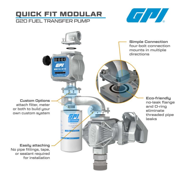 GPI G20 12V Fuel Transfer Pump, Manual Nozzle, 20 GPM Fuel Pump, 14' Hose, Adjustable Suction Pipe (162000-02)