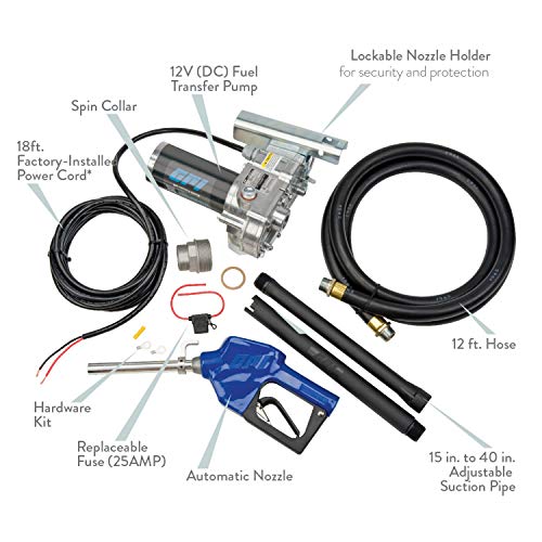 GPI M-150S Fuel Transfer Pump, Automatic Shut-Off Nozzle, 15 GPM Fuel Pump, 12' Hose, Power Cord, Spin Collar, Adjustable Suction Pipe (110000-100)