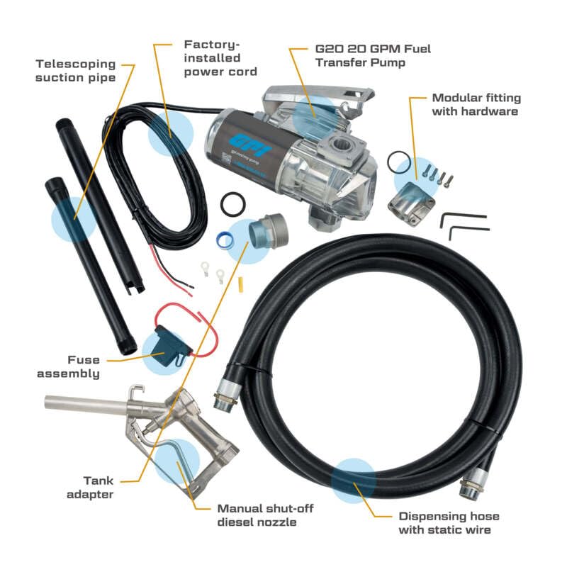 GPI G20 12V Fuel Transfer Pump, Manual Nozzle, 20 GPM Fuel Pump, 14' Hose, Adjustable Suction Pipe (162000-02)