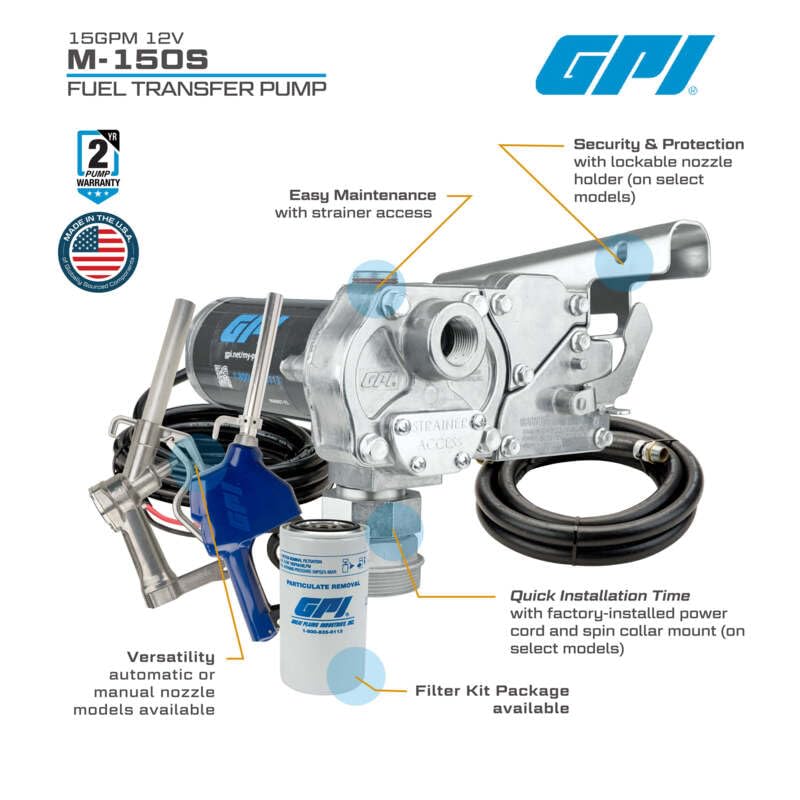 GPI M-150S Fuel Transfer Pump, Manual Shut-Off Unleaded Nozzle, 15 GPM fuel pump, 12' Hose, Power Cord, Spin Collar, Adjustable Suction Pipe (110000-99)