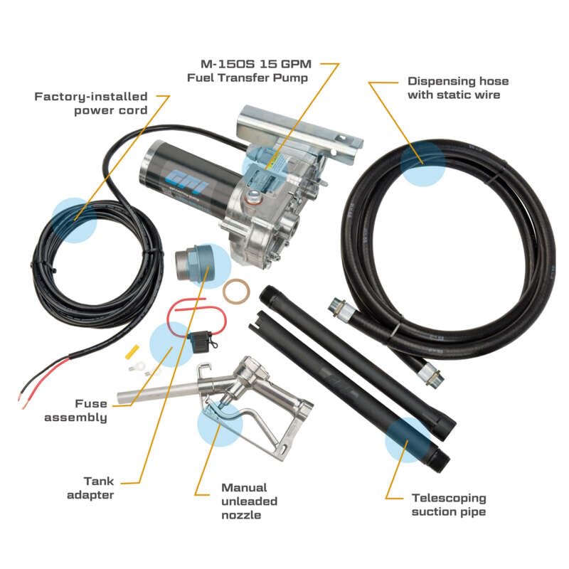 GPI M-150S Fuel Transfer Pump, Manual Shut-Off Unleaded Nozzle, 15 GPM fuel pump, 12' Hose, Power Cord, Spin Collar, Adjustable Suction Pipe (110000-99)