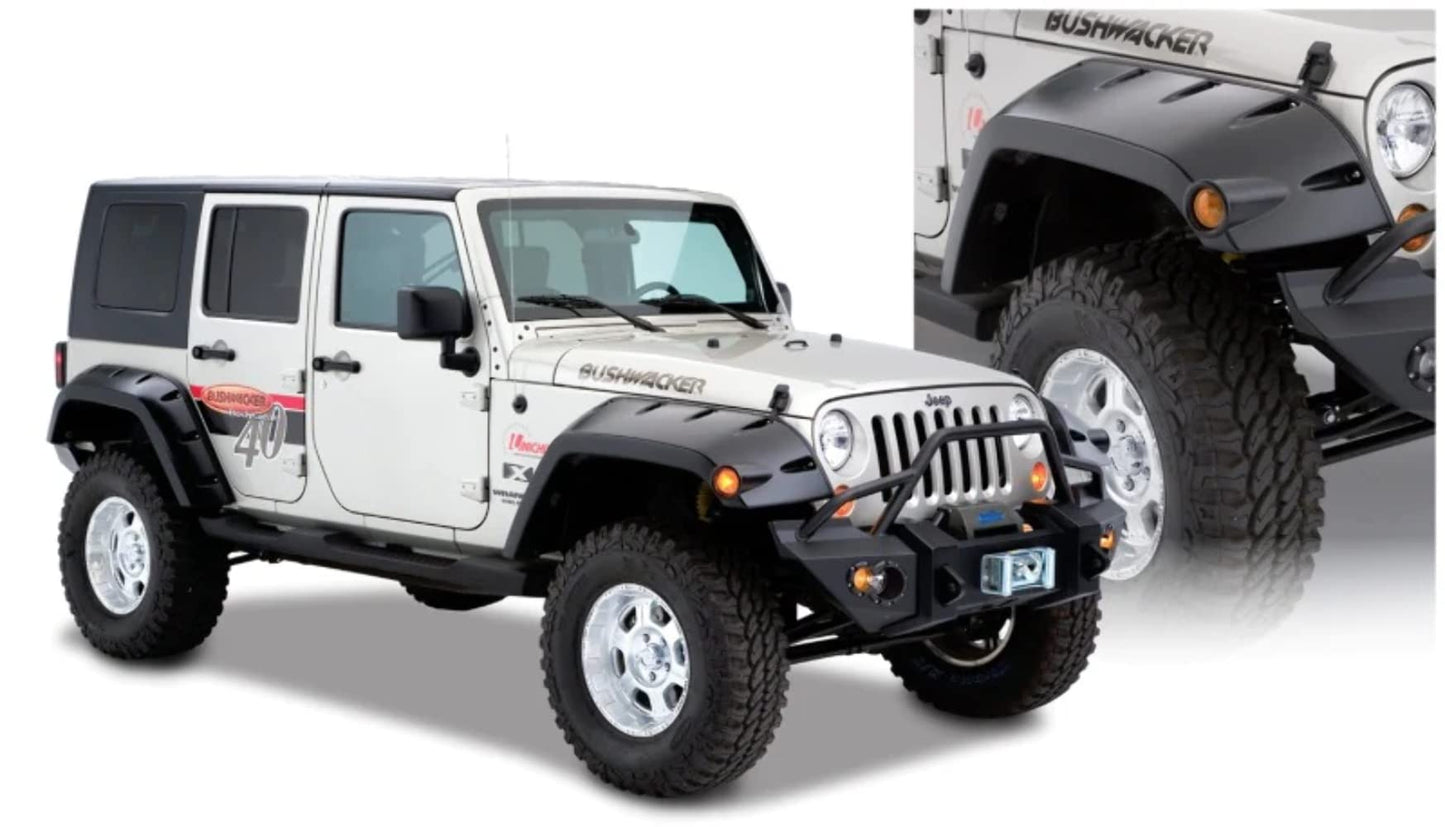 Bushwacker Max Coverage Pocket/Rivet Style Front Fender Flares | 2-Piece Set, Black, Textured Finish | 10045-02 | Fits 2007-2018 Jeep Wrangler JK Unlimited