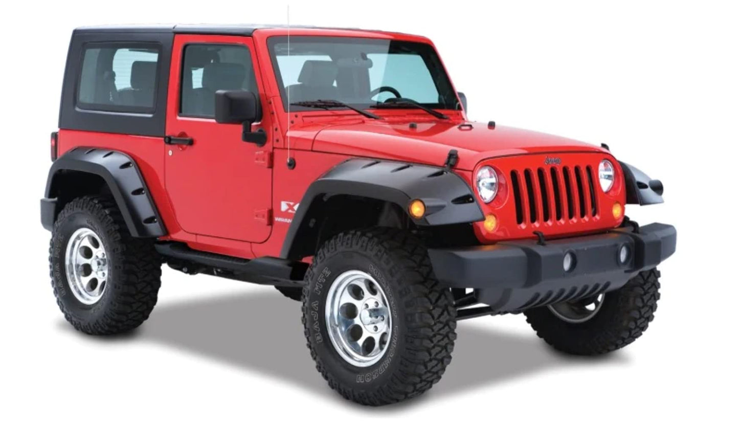 Bushwacker Max Coverage Pocket/Rivet Style Front Fender Flares | 2-Piece Set, Black, Textured Finish | 10045-02 | Fits 2007-2018 Jeep Wrangler JK Unlimited