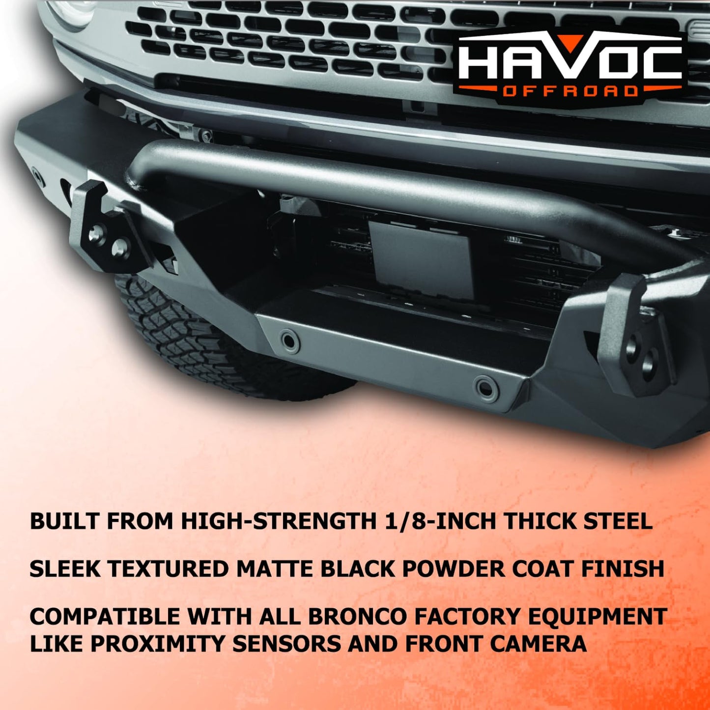 Havoc Offroad Steel Bender Bumper, Front | Steel, Textured Satin Black | HFB-02-001 | Fits 2021-2024 Ford Bronco (will not fit Sport Model)