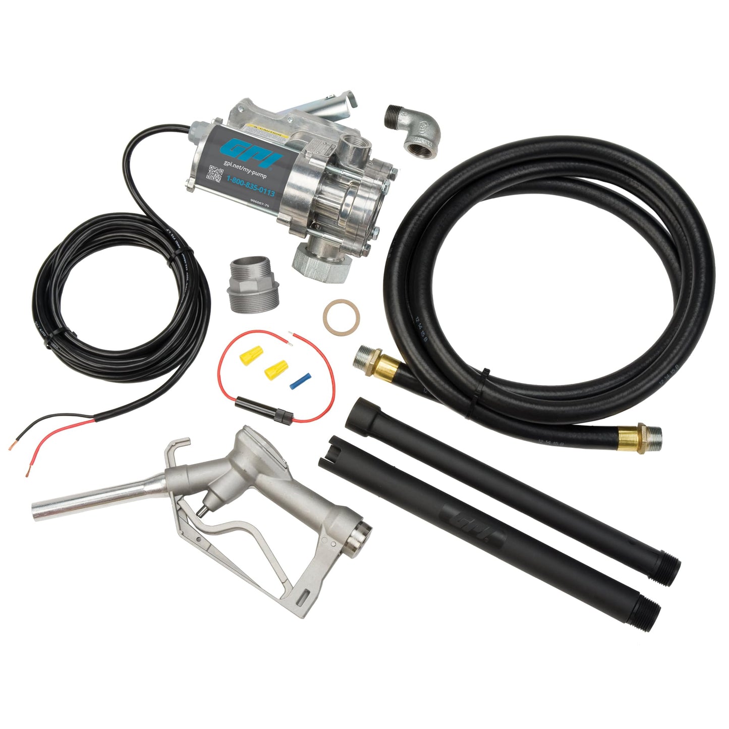 GPI - EZ-8 12v Fuel Transfer Pump, Manual Shut-Off Nozzle, 8 GPM Fuel Pump, 10' Hose, Power Cord, Adjustable Suction Pipe, Spin Collar (137100-05)