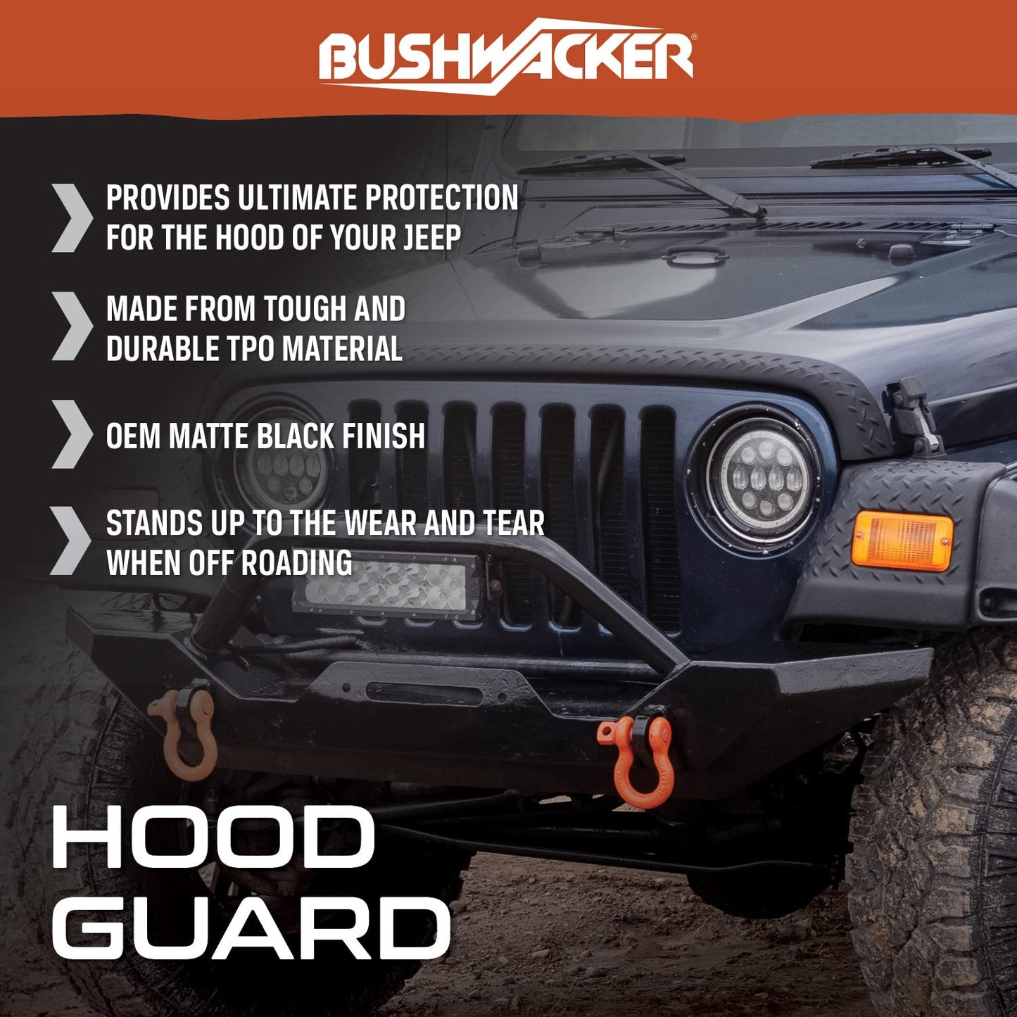 Bushwacker Trail Armor Hood Guard | 1-Piece, Black, Textured Finish | 14093 | Fits 2018-2024 Jeep Wrangler JL; 2020-2024 Jeep Gladiator