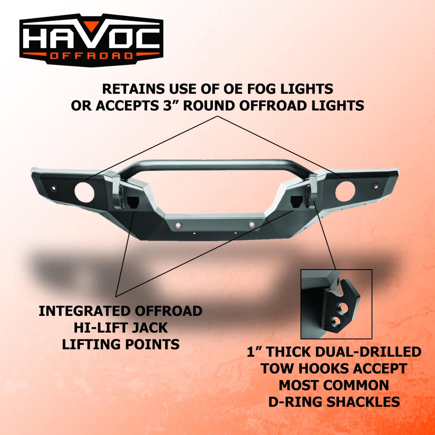 Havoc Offroad Steel Bender Bumper, Front | Steel, Textured Satin Black | HFB-02-001 | Fits 2021-2024 Ford Bronco (will not fit Sport Model)