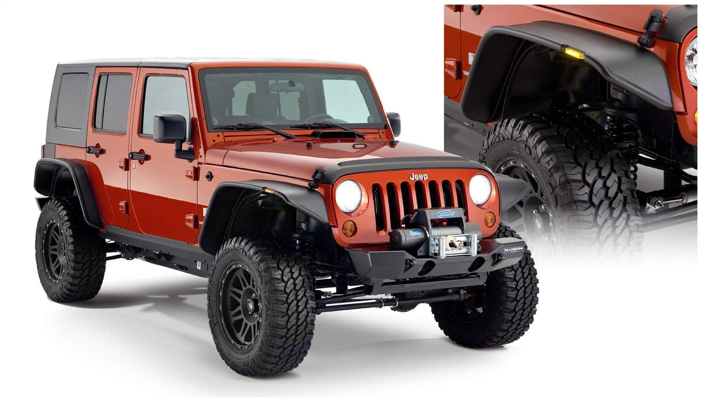 Bushwacker Jeep Flat Style Front & Rear Fender Flares | 4-Piece Set, Black, Textured Finish | 10918-07 | Fits 2007-2018 Jeep Wrangler JK Unlimited 4-Door