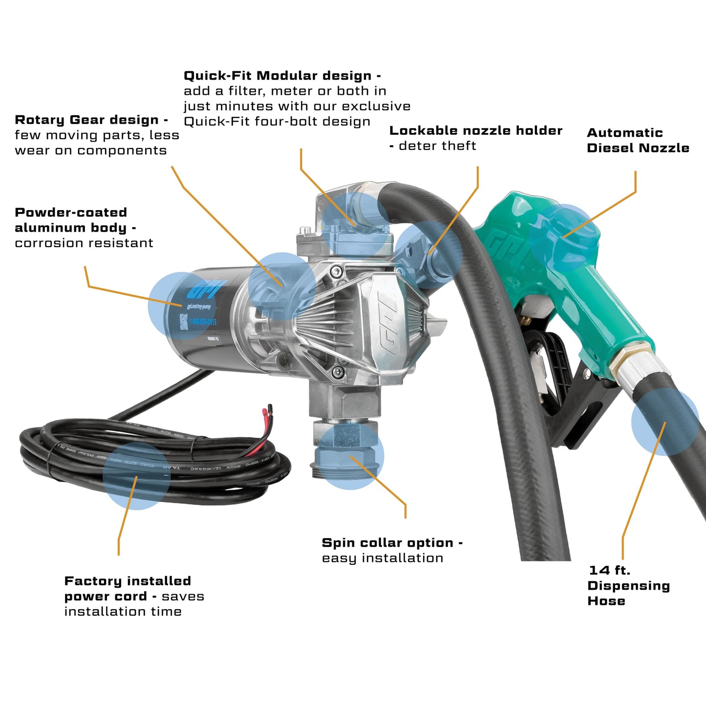 G20 - GPI Fuel Transfer Pump 12 Volt - Automatic Nozzle, 20 GPM 12v Fuel Transfer Pump, 14' Hose, Adjustable Suction Pipe (162000-03)