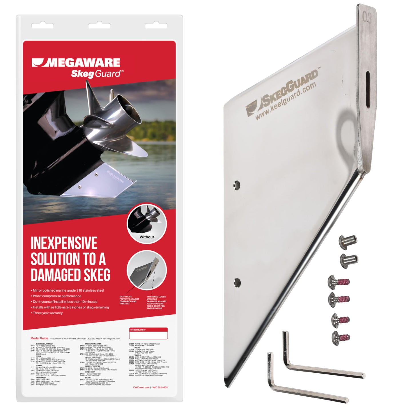 Megaware Keelguard SkegGuard 27171 - Protects Against Ramp Dragging and Wear and Tear - Skeg Protector - Easy to Install with Drain Hole - Fits Honda, Force, Mercury, Nissan/Tohatsu, Suzuki