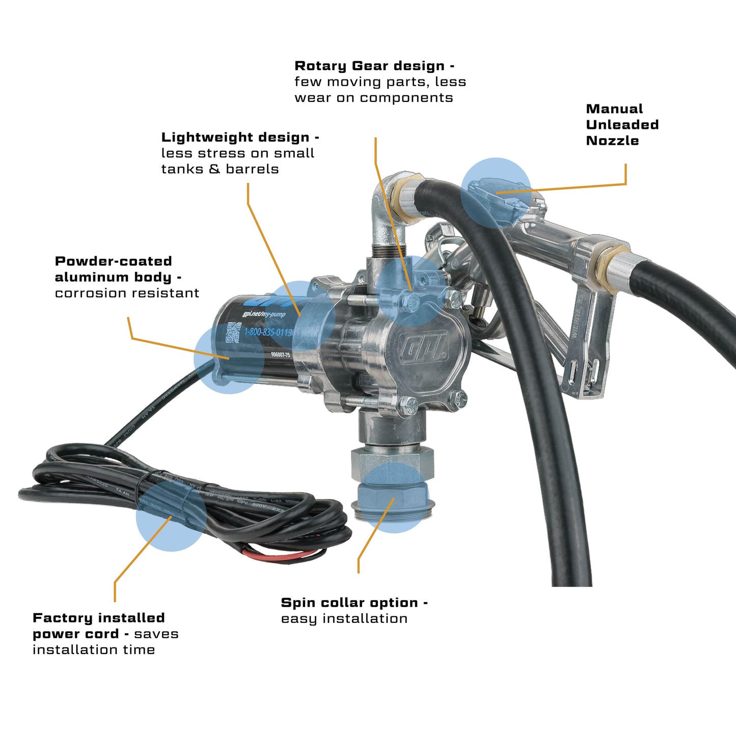 GPI - EZ-8 12v Fuel Transfer Pump, Manual Shut-Off Nozzle, 8 GPM Fuel Pump, 10' Hose, Power Cord, Adjustable Suction Pipe, Spin Collar (137100-05)